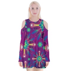 Purple And Green Floral Geometric Pattern Velvet Long Sleeve Shoulder Cutout Dress by LovelyDesigns4U