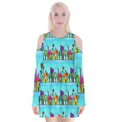 Colourful Street A Completely Seamless Tile Able Design Velvet Long Sleeve Shoulder Cutout Dress by Nexatart