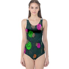 Cartoon Grunge Beetle Wallpaper Background One Piece Swimsuit by Nexatart