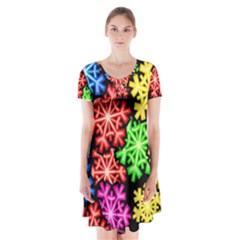 Colourful Snowflake Wallpaper Pattern Short Sleeve V-neck Flare Dress