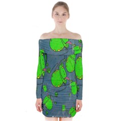 Cartoon Grunge Frog Wallpaper Background Long Sleeve Off Shoulder Dress by Nexatart