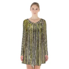 Bamboo Trees Background Long Sleeve Velvet V-neck Dress