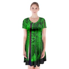 Spooky Forest With Illuminated Trees Short Sleeve V-neck Flare Dress