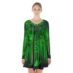 Spooky Forest With Illuminated Trees Long Sleeve Velvet V-neck Dress