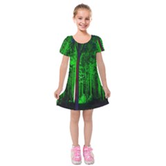 Spooky Forest With Illuminated Trees Kids  Short Sleeve Velvet Dress