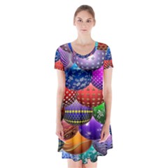 Fun Balls Pattern Colorful And Ornamental Balls Pattern Background Short Sleeve V-neck Flare Dress