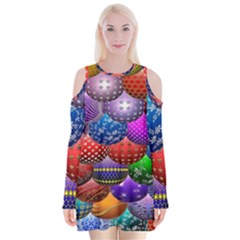 Fun Balls Pattern Colorful And Ornamental Balls Pattern Background Velvet Long Sleeve Shoulder Cutout Dress by Nexatart