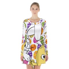 Easter Bunny And Chick  Long Sleeve Velvet V-neck Dress by Valentinaart