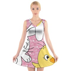 Easter Bunny And Chick  V-neck Sleeveless Skater Dress by Valentinaart