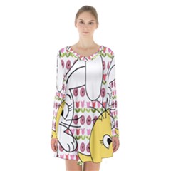 Easter Bunny And Chick  Long Sleeve Velvet V-neck Dress by Valentinaart