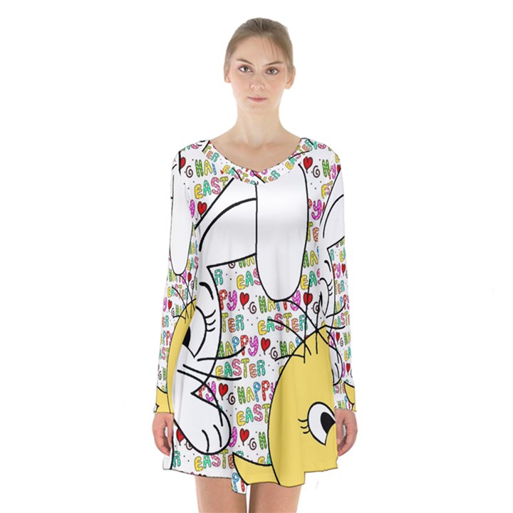 Easter bunny and chick  Long Sleeve Velvet V-neck Dress