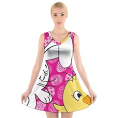 Easter Bunny And Chick  V-neck Sleeveless Skater Dress by Valentinaart