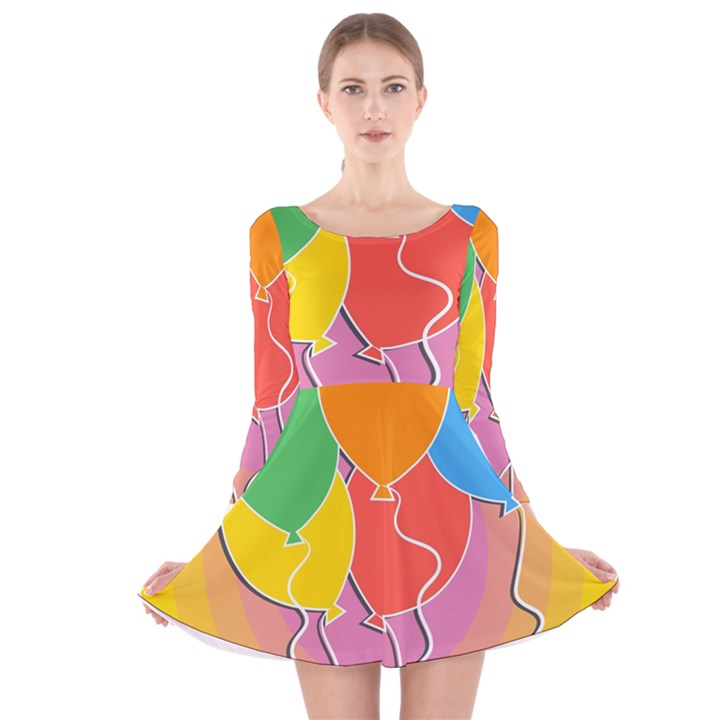 Birthday Party Balloons Colourful Cartoon Illustration Of A Bunch Of Party Balloon Long Sleeve Velvet Skater Dress