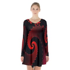 Red Fractal Spiral Long Sleeve Velvet V-neck Dress