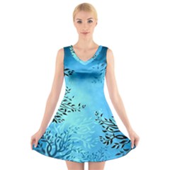 Blue Night Portrait Background V-neck Sleeveless Skater Dress by Nexatart