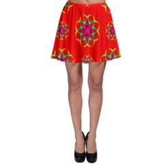 Rainbow Colors Geometric Circles Seamless Pattern On Red Background Skater Skirt by Nexatart