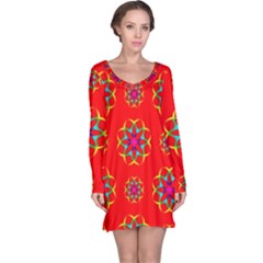 Rainbow Colors Geometric Circles Seamless Pattern On Red Background Long Sleeve Nightdress by Nexatart