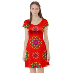 Rainbow Colors Geometric Circles Seamless Pattern On Red Background Short Sleeve Skater Dress by Nexatart