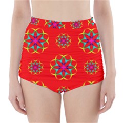 Rainbow Colors Geometric Circles Seamless Pattern On Red Background High-waisted Bikini Bottoms by Nexatart