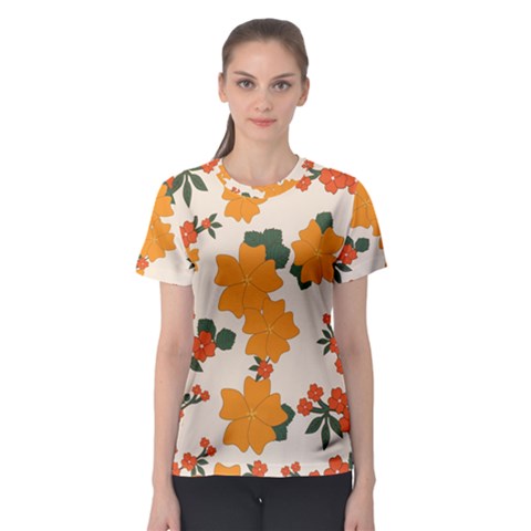 Vintage Floral Wallpaper Background In Shades Of Orange Women s Sport Mesh Tee by Nexatart