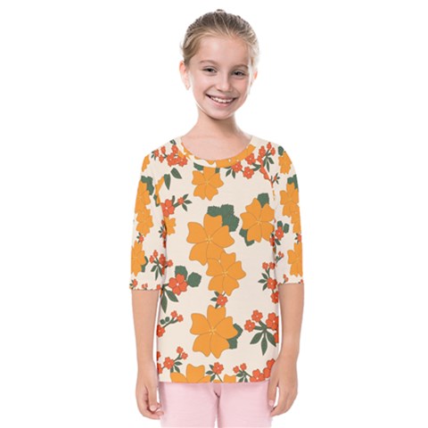 Vintage Floral Wallpaper Background In Shades Of Orange Kids  Quarter Sleeve Raglan Tee by Nexatart