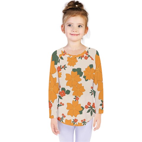 Vintage Floral Wallpaper Background In Shades Of Orange Kids  Long Sleeve Tee by Nexatart