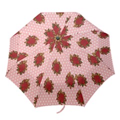 Pink Polka Dot Background With Red Roses Folding Umbrellas by Nexatart