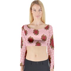 Pink Polka Dot Background With Red Roses Long Sleeve Crop Top by Nexatart