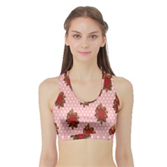 Pink Polka Dot Background With Red Roses Sports Bra With Border by Nexatart