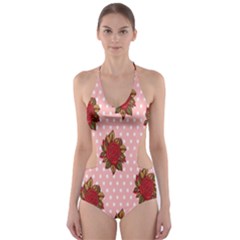 Pink Polka Dot Background With Red Roses Cut-out One Piece Swimsuit by Nexatart