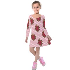 Pink Polka Dot Background With Red Roses Kids  Long Sleeve Velvet Dress by Nexatart