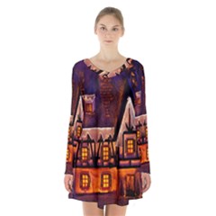 House In Winter Decoration Long Sleeve Velvet V-neck Dress by Nexatart