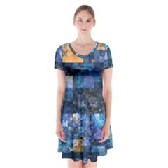 Blue Squares Abstract Background Of Blue And Purple Squares Short Sleeve V-neck Flare Dress by Nexatart