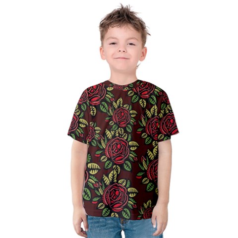 A Red Rose Tiling Pattern Kids  Cotton Tee by Nexatart