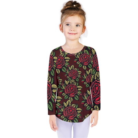 A Red Rose Tiling Pattern Kids  Long Sleeve Tee by Nexatart