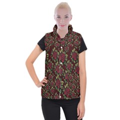 A Red Rose Tiling Pattern Women s Button Up Puffer Vest by Nexatart