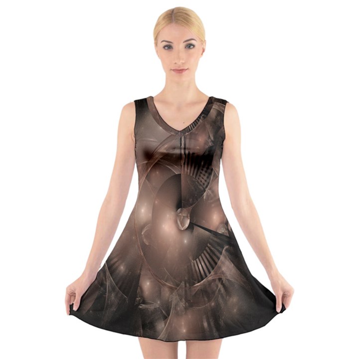 A Fractal Image In Shades Of Brown V-Neck Sleeveless Skater Dress