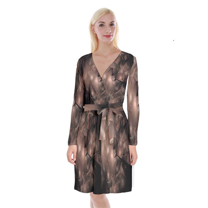 A Fractal Image In Shades Of Brown Long Sleeve Velvet Front Wrap Dress