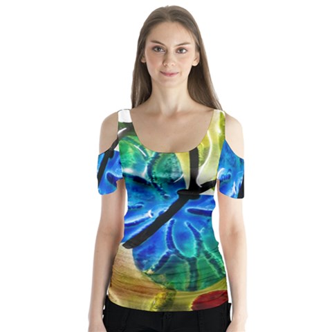 Blue Spotted Butterfly Art In Glass With White Spots Butterfly Sleeve Cutout Tee  by Nexatart