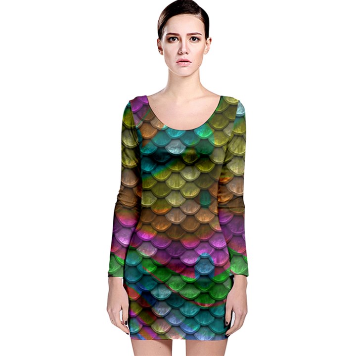 Fish Scales Pattern Background In Rainbow Colors Wallpaper Long Sleeve Bodycon Dress