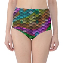 Fish Scales Pattern Background In Rainbow Colors Wallpaper High-waist Bikini Bottoms by Nexatart