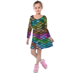 Fish Scales Pattern Background In Rainbow Colors Wallpaper Kids  Long Sleeve Velvet Dress by Nexatart