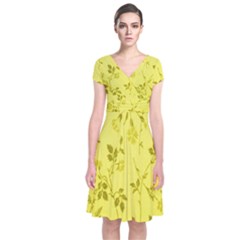 Flowery Yellow Fabric Short Sleeve Front Wrap Dress by Nexatart