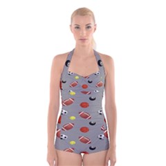 Balltiled Grey Ball Tennis Football Basketball Billiards Boyleg Halter Swimsuit  by Mariart