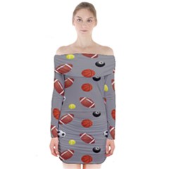 Balltiled Grey Ball Tennis Football Basketball Billiards Long Sleeve Off Shoulder Dress by Mariart