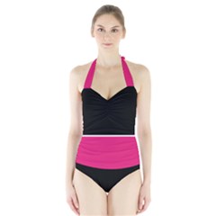 Black Pink Line White Halter Swimsuit by Mariart