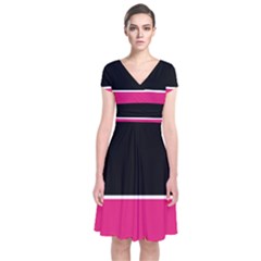 Black Pink Line White Short Sleeve Front Wrap Dress by Mariart