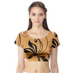 Black Brown Floral Symbol Short Sleeve Crop Top (tight Fit) by Mariart