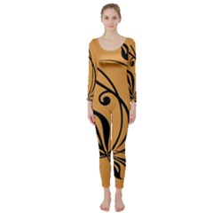 Black Brown Floral Symbol Long Sleeve Catsuit by Mariart