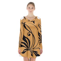 Black Brown Floral Symbol Long Sleeve Velvet V-neck Dress by Mariart